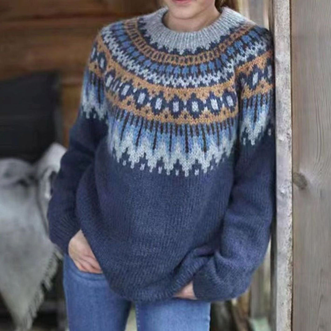 Women's Fair Isle Nordic Pattern Sweater Relaxed Knit Pullover - Grey