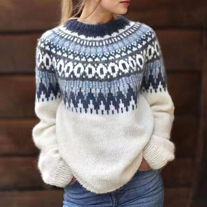 Women's Fair Isle Nordic Pattern Sweater Relaxed Knit Pullover - White