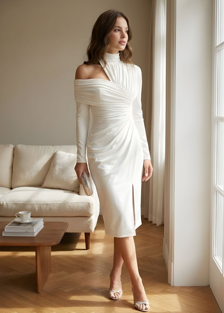Women's Fall Wedding Guest Dress Asymmetric Draped One-Shoulder Midi