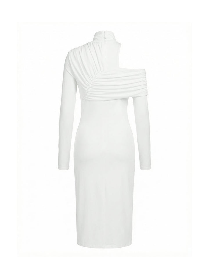 Women's Fall Wedding Guest Dress Asymmetric Pleated Mock-Neck Midi