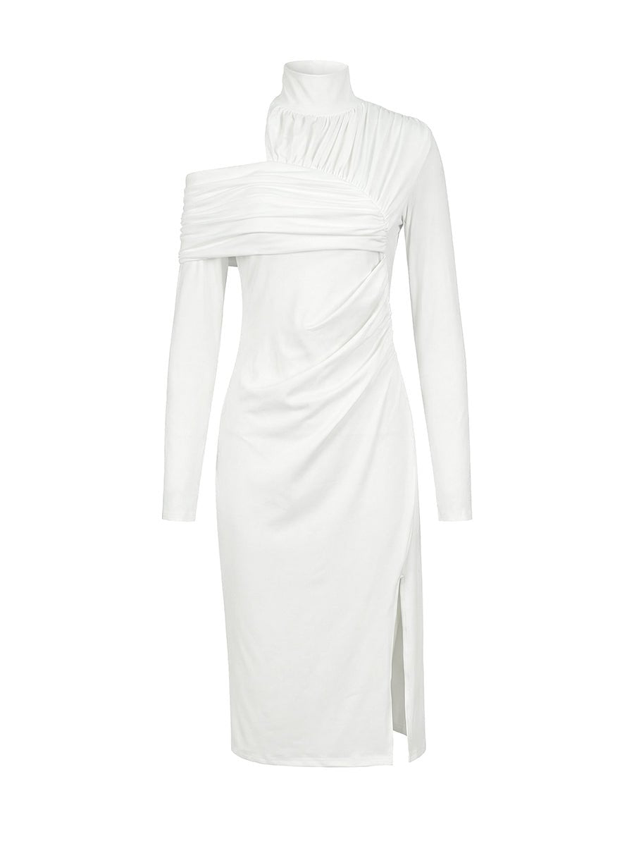 Women's Fall Wedding Guest Dress Asymmetric Pleated Mock-Neck Midi