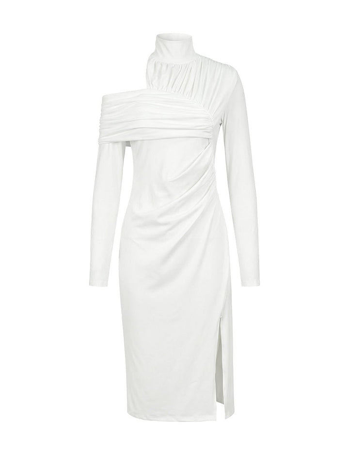 Women's Fall Wedding Guest Dress Asymmetric Pleated Mock-Neck Midi