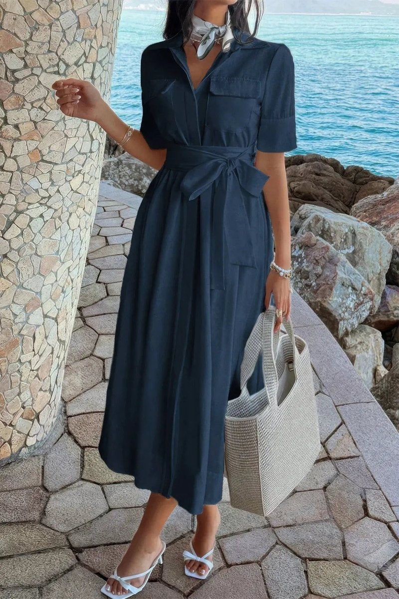 Women's Fall Wedding Guest Dress Belted A-Line Midi Shirt Dress