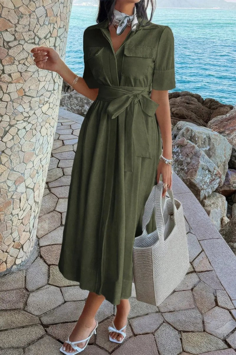 Women's Fall Wedding Guest Dress Belted A-Line Midi Shirt Dress