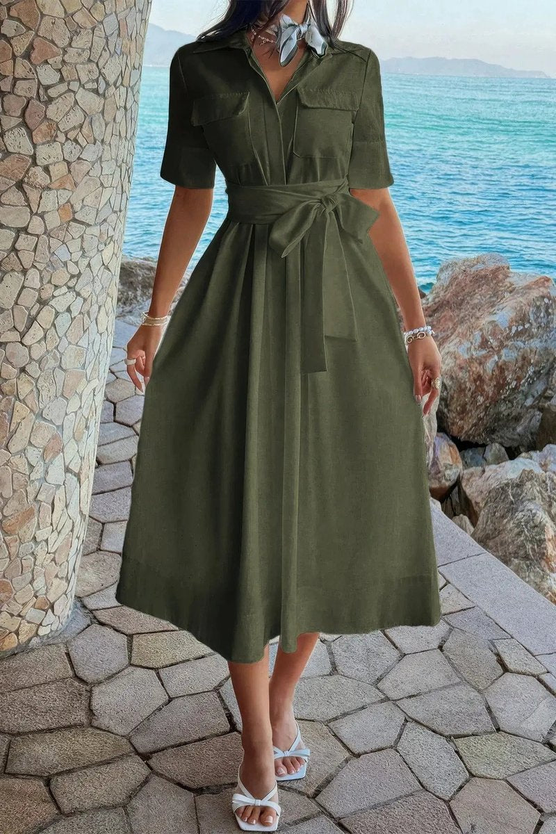Women's Fall Wedding Guest Dress Belted A-Line Midi Shirt Dress