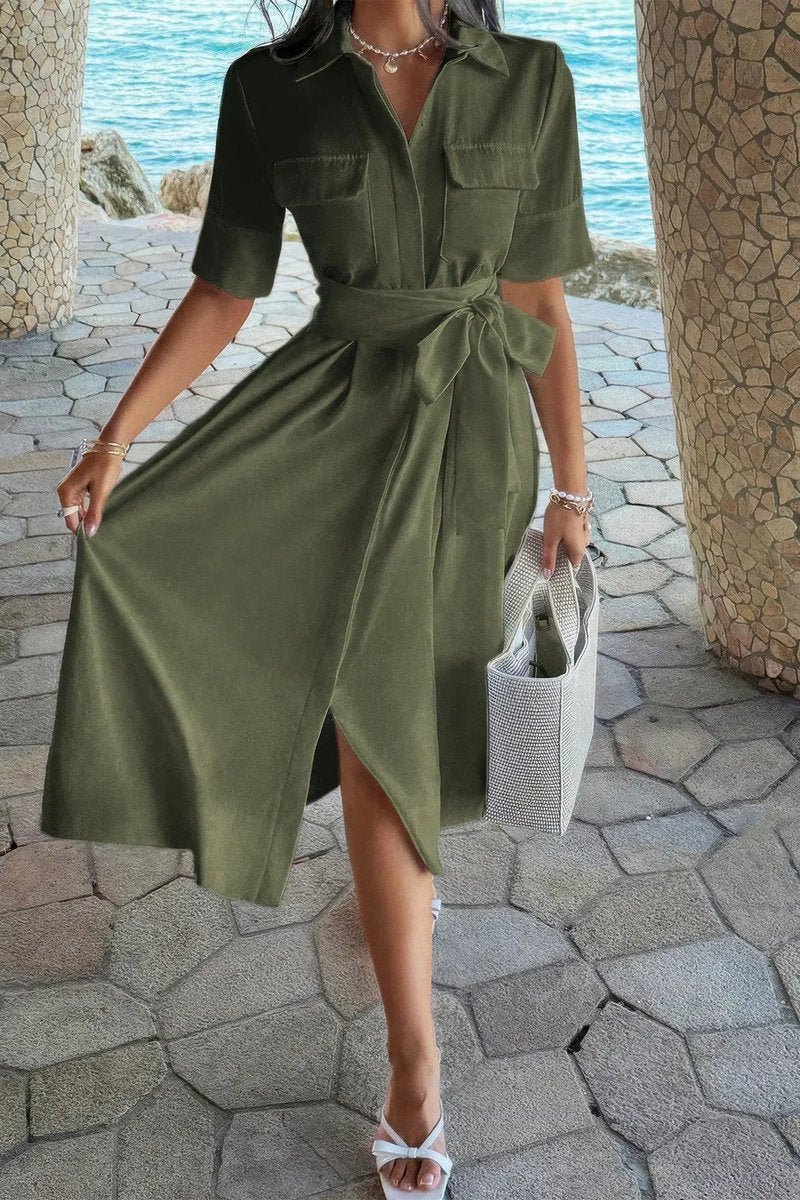 Women's Fall Wedding Guest Dress Belted A-Line Midi Shirt Dress