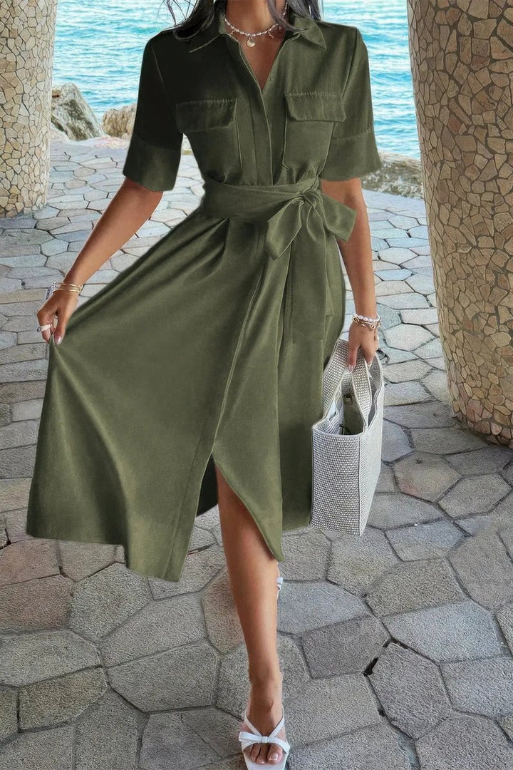 Women's Fall Wedding Guest Dress Belted A-Line Midi Shirt Dress