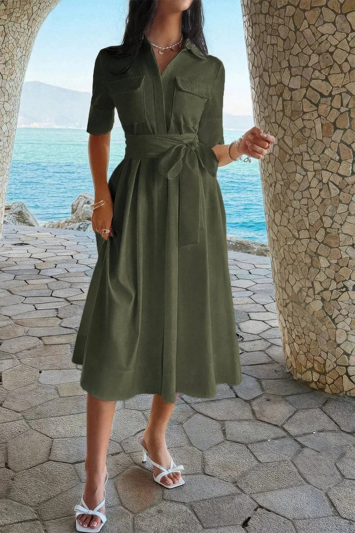 Women's Fall Wedding Guest Dress Belted A-Line Midi Shirt Dress