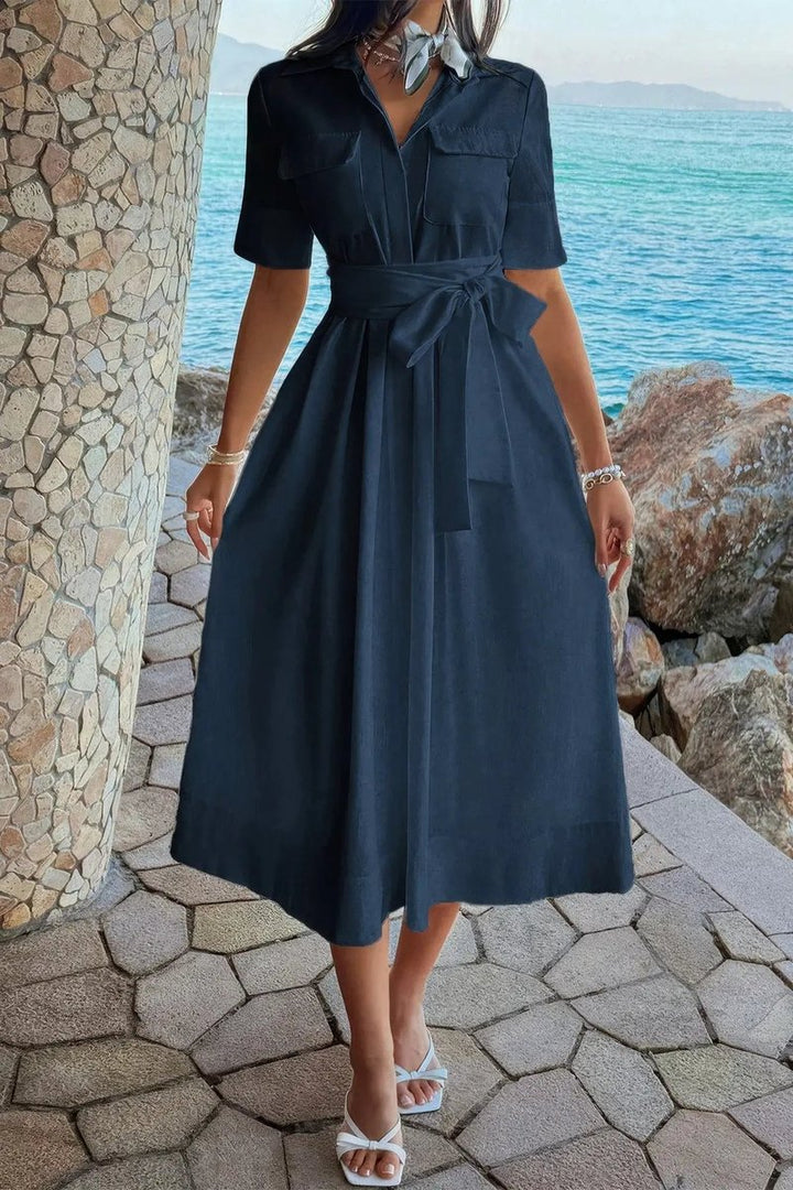 Women's Fall Wedding Guest Dress Belted A-Line Midi Shirt Dress