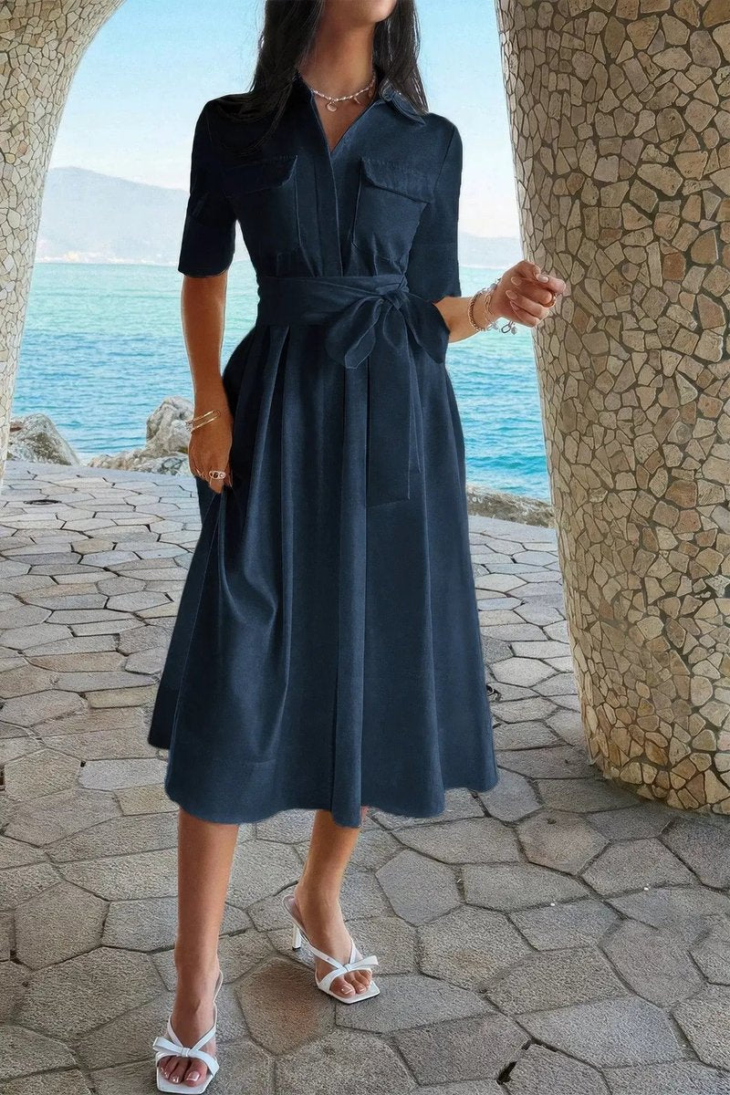 Women's Fall Wedding Guest Dress Belted A-Line Midi Shirt Dress