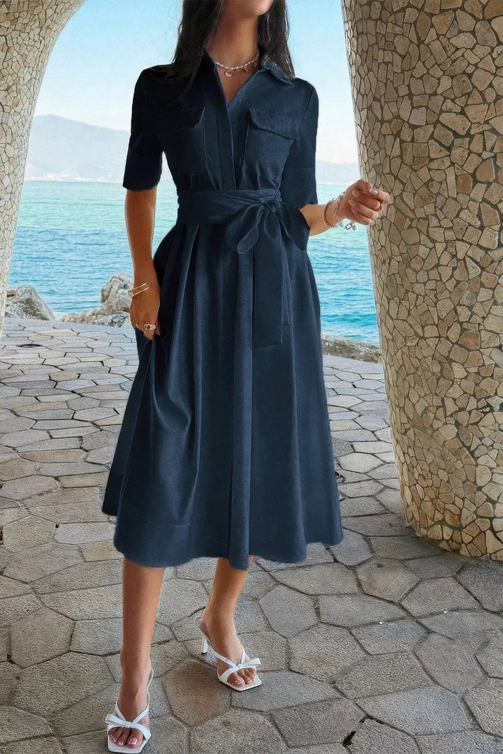 Women's Fall Wedding Guest Dress Belted A-Line Midi Shirt Dress