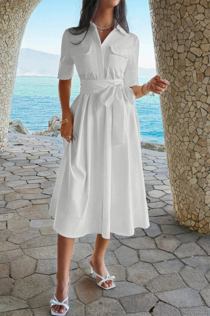 Women's Fall Wedding Guest Dress Belted A-Line Midi Shirt Dress