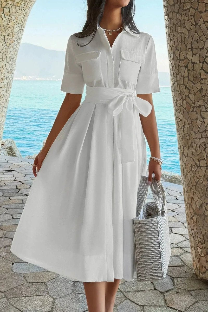 Women's Fall Wedding Guest Dress Belted A-Line Midi Shirt Dress