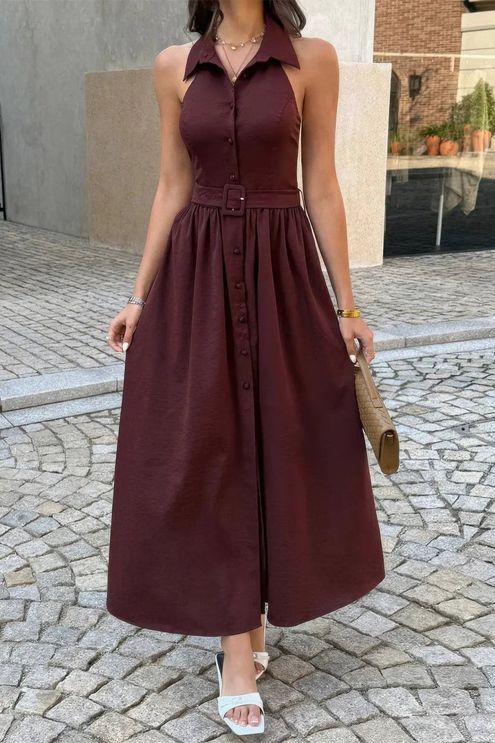 Women's Fall Wedding Guest Dress Collared Belted A-Line Midi