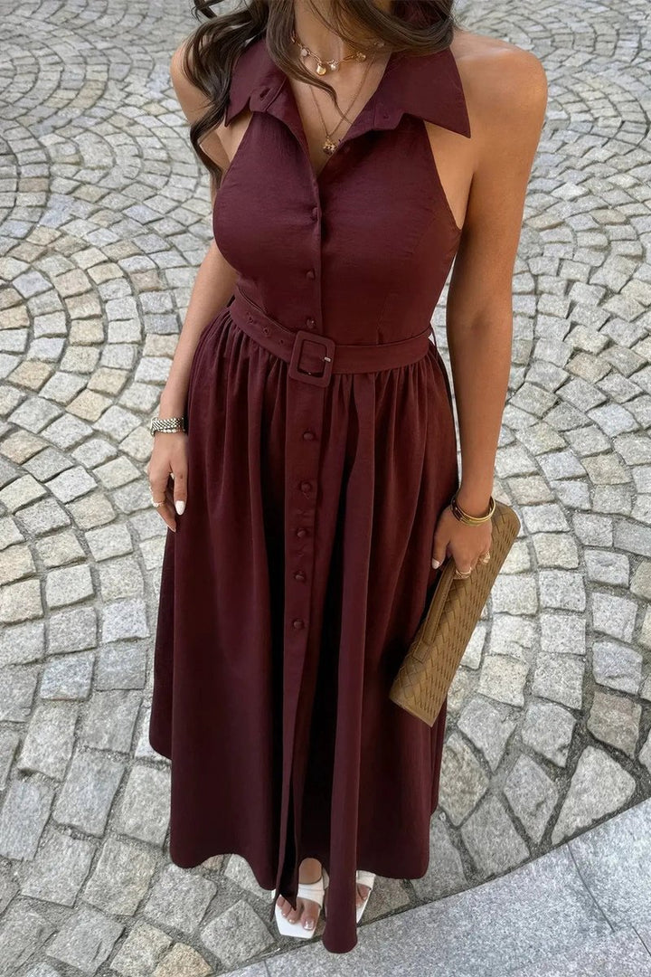 Women's Fall Wedding Guest Dress Collared Belted A-Line Midi