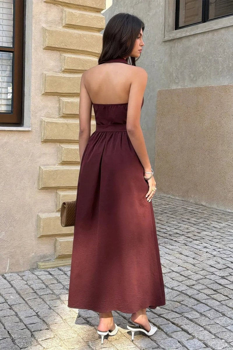 Women's Fall Wedding Guest Dress Collared Belted A-Line Midi