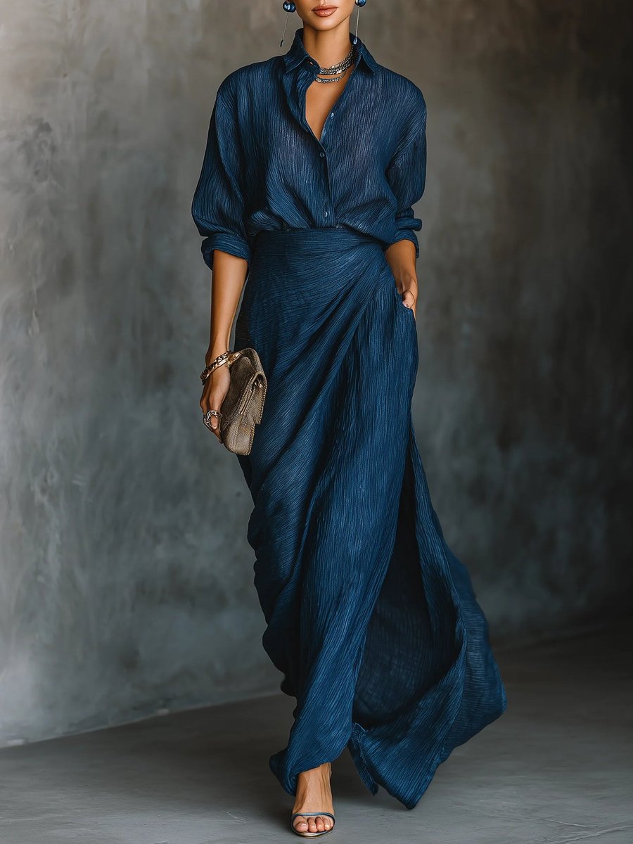 Women's Fall Wedding Guest Dress Draped Maxi Shirt Set