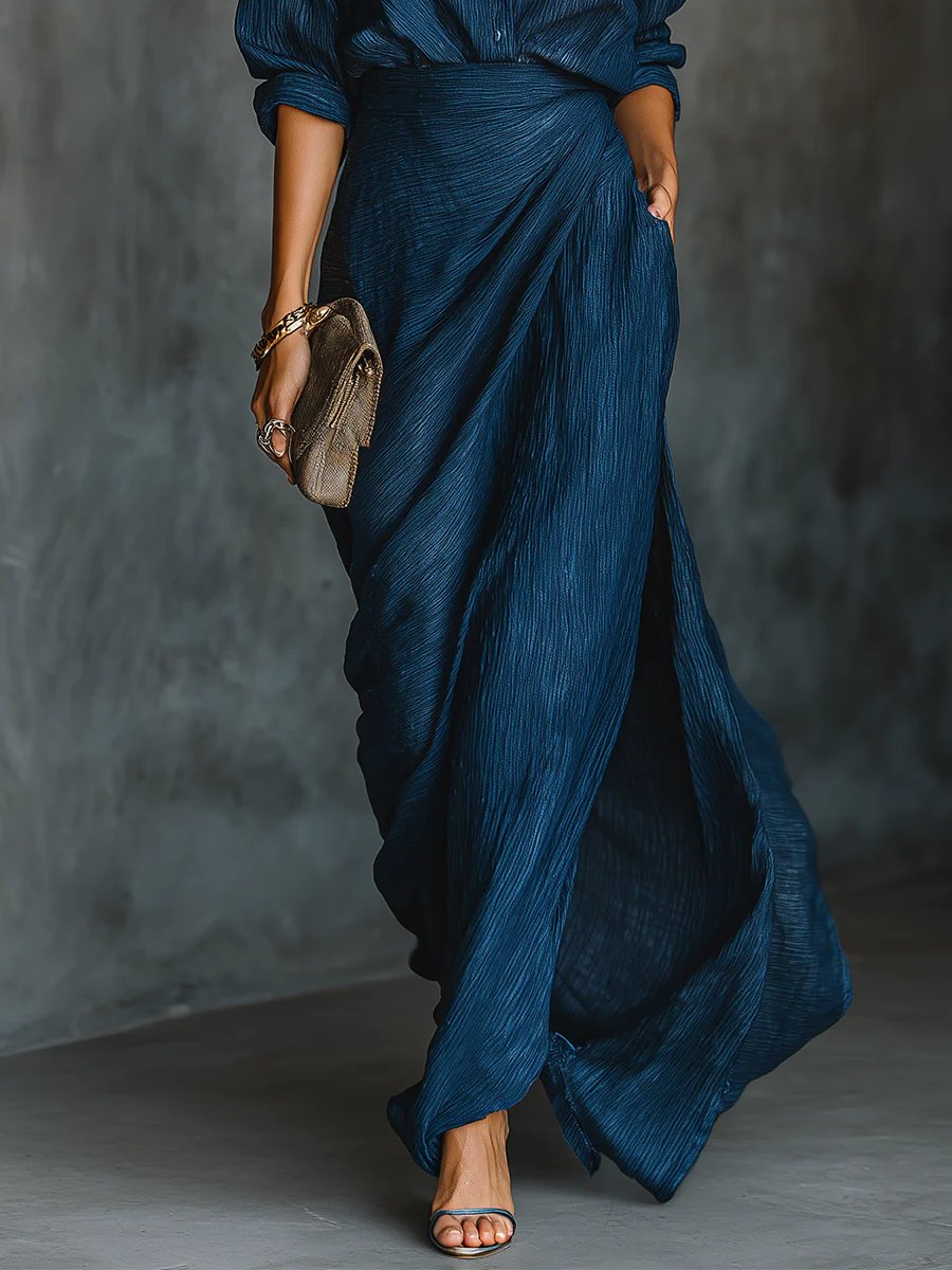Women's Fall Wedding Guest Dress Draped Maxi Shirt Set