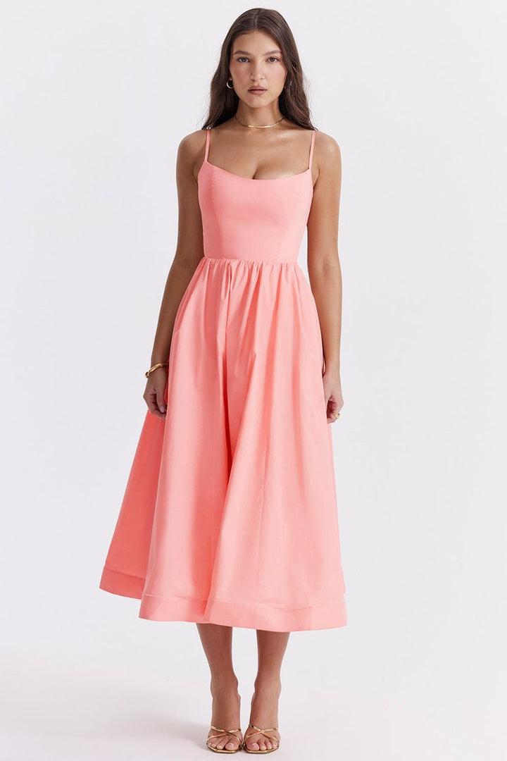 Women's Fall Wedding Guest Dress Flowy A-Line Midi Spaghetti Strap