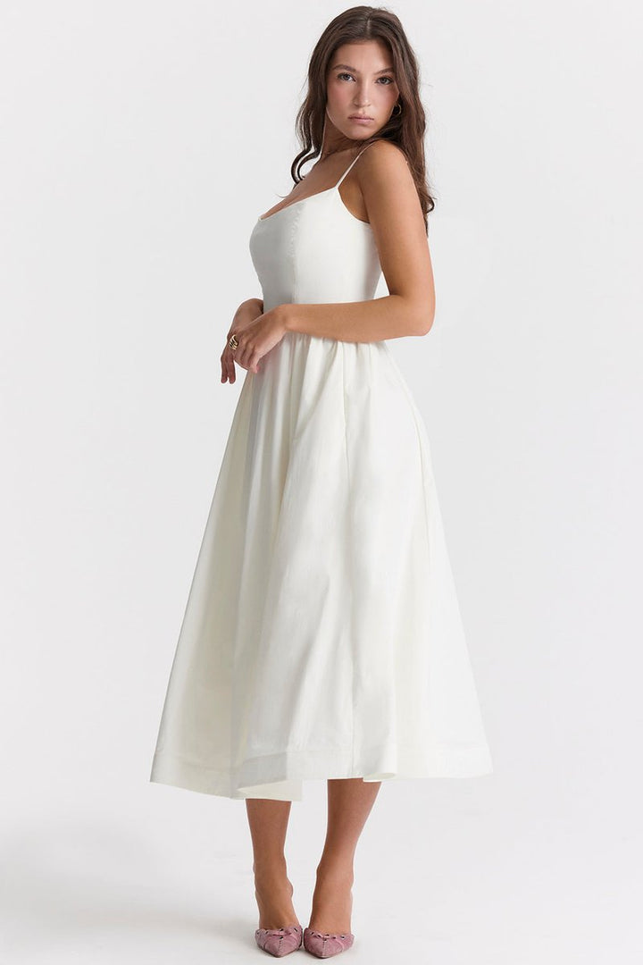 Women's Fall Wedding Guest Dress Flowy A-Line Midi Spaghetti Strap