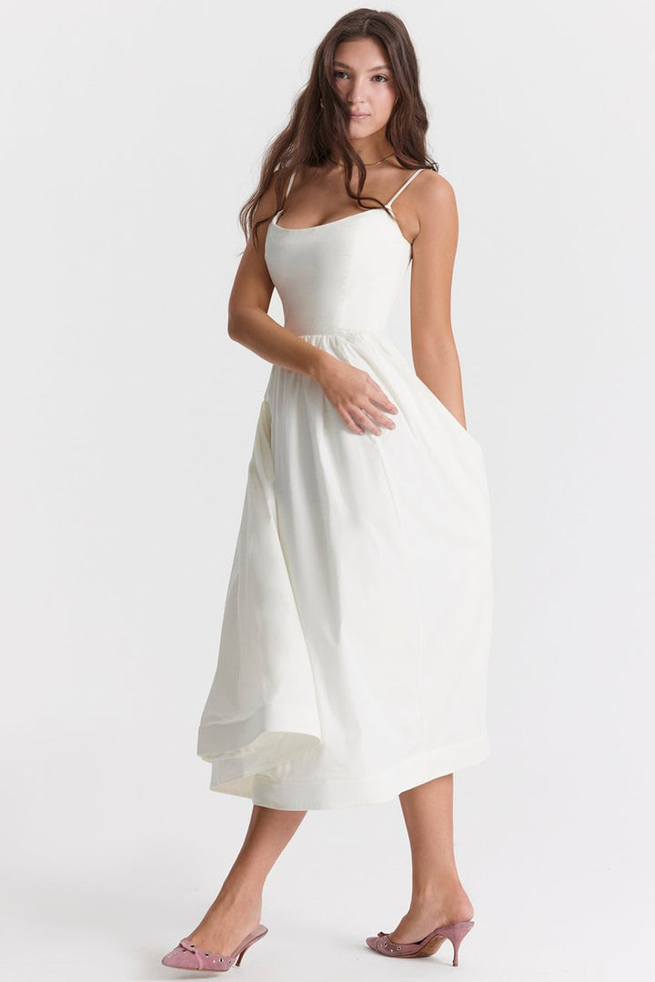 Women's Fall Wedding Guest Dress Flowy A-Line Midi Spaghetti Strap