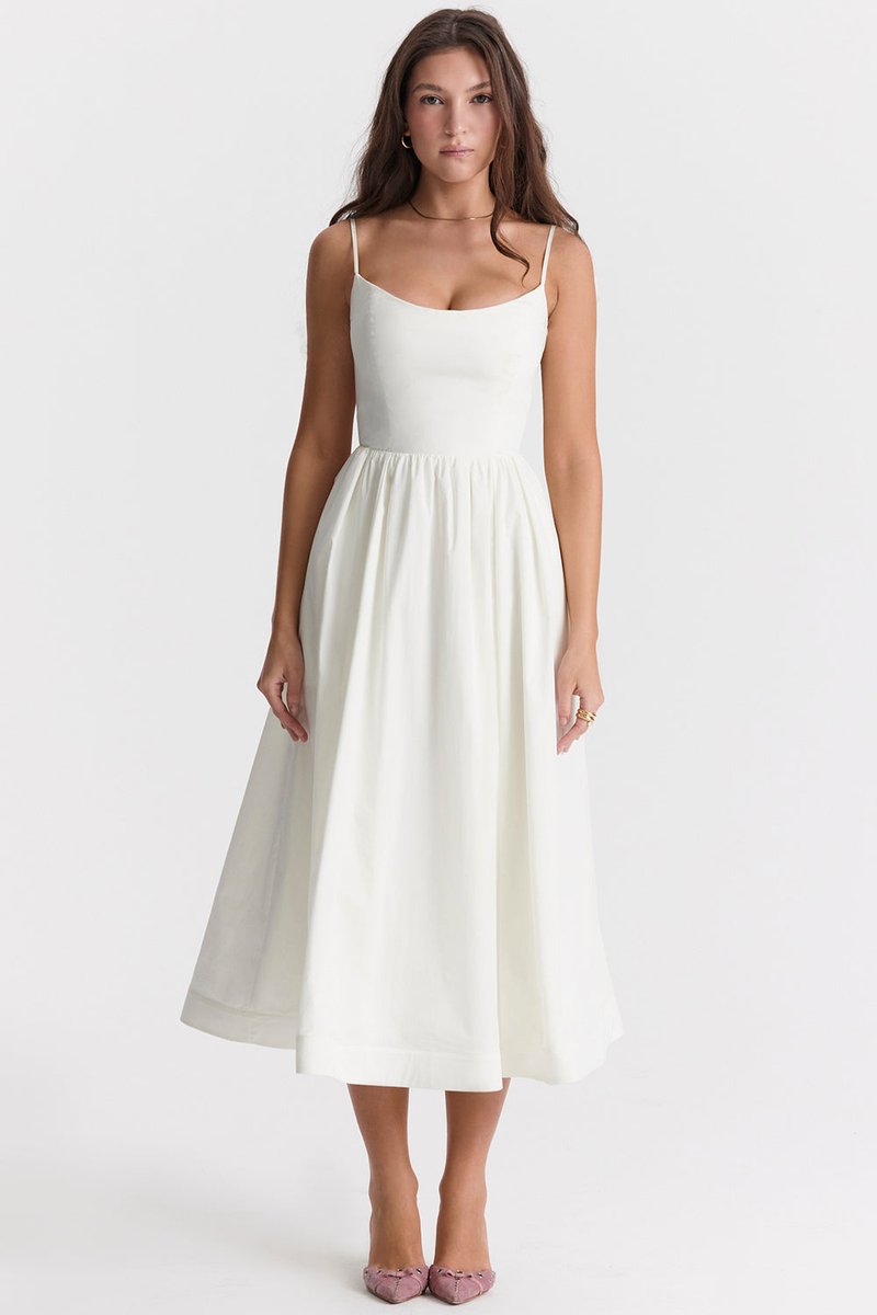Women's Fall Wedding Guest Dress Flowy A-Line Midi Spaghetti Strap