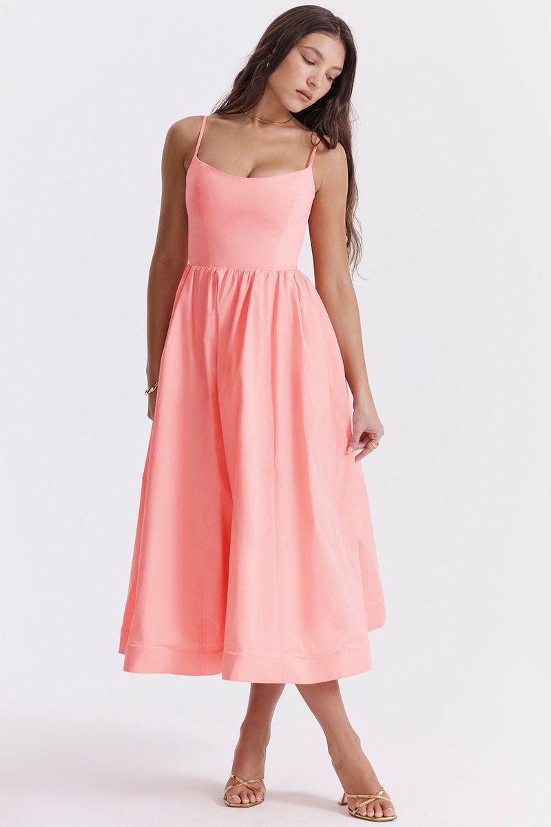 Women's Fall Wedding Guest Dress Flowy A-Line Midi Spaghetti Strap