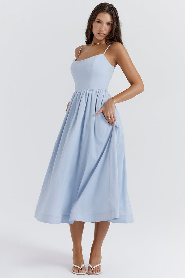 Women's Fall Wedding Guest Dress Flowy A-Line Midi Spaghetti Strap
