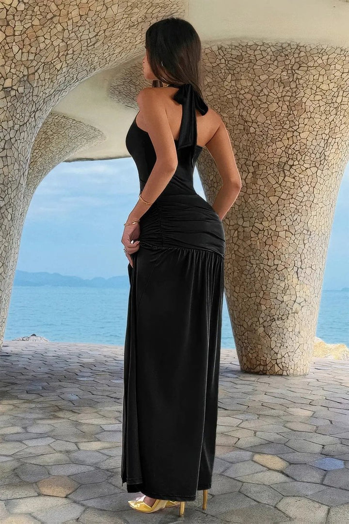 Women's Fall Wedding Guest Dress Halter Backless High-Slit Maxi