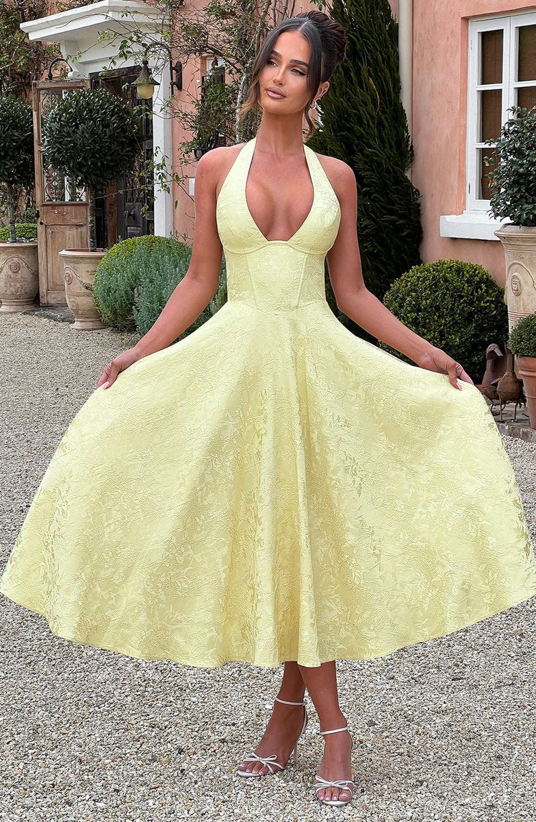 Women's Fall Wedding Guest Dress Halter Corset Midi Ball Gown