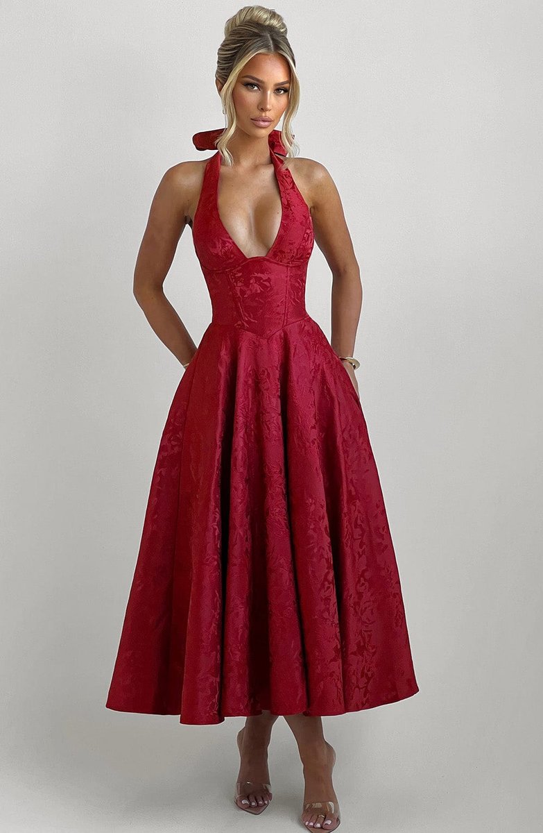 Women's Fall Wedding Guest Dress Halter Corset Midi Ball Gown