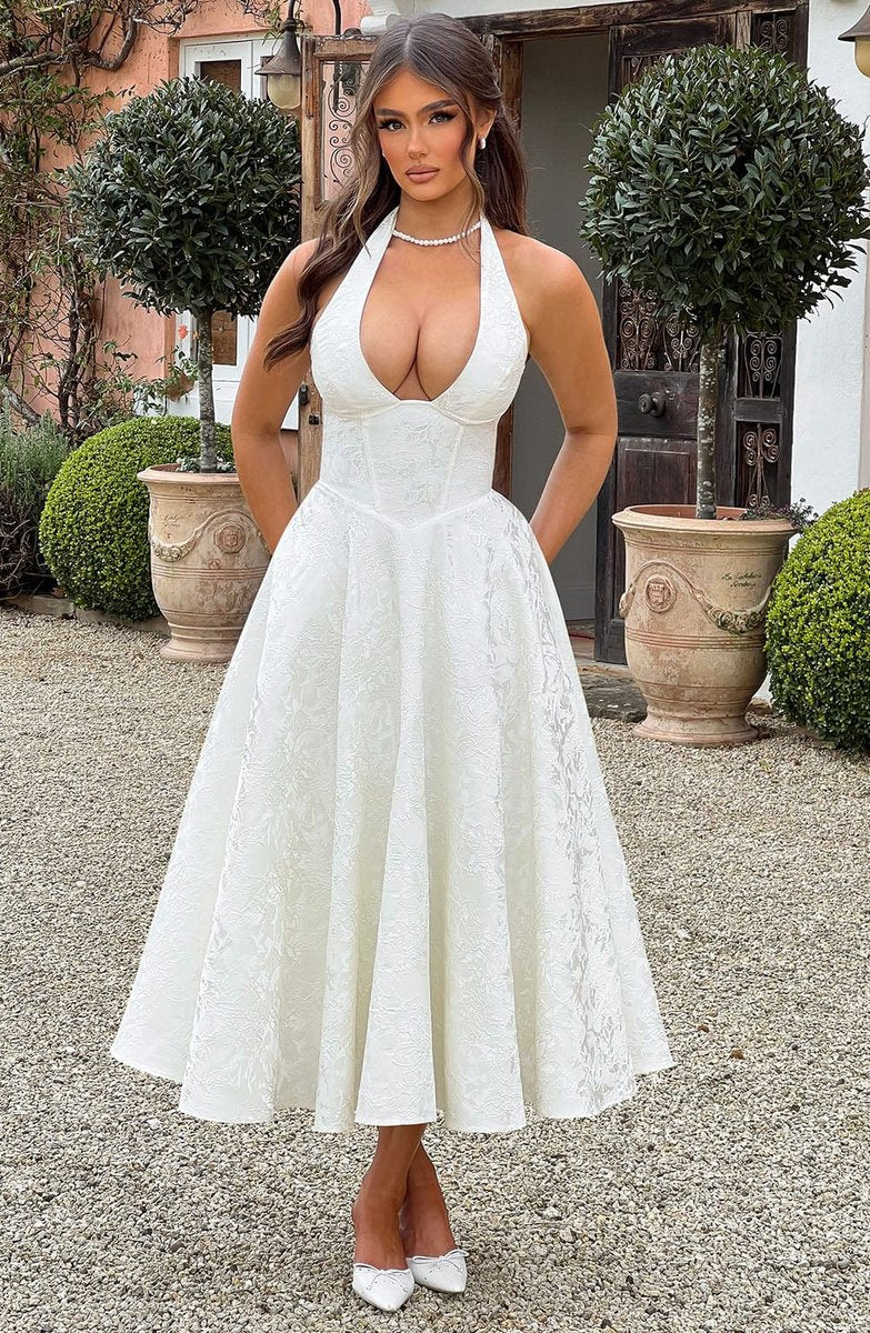 Women's Fall Wedding Guest Dress Halter Corset Midi Ball Gown