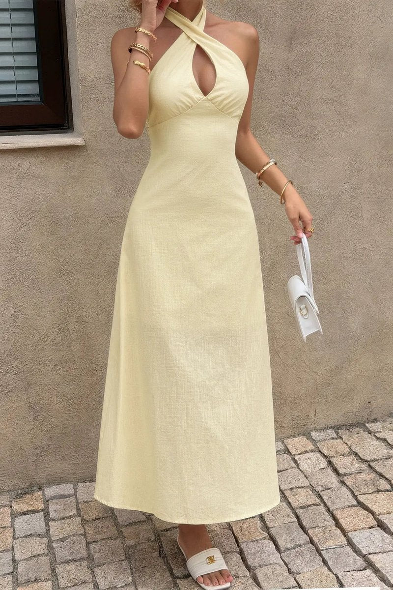 Women's Fall Wedding Guest Dress Halter Crossover-Neck Cotton Maxi