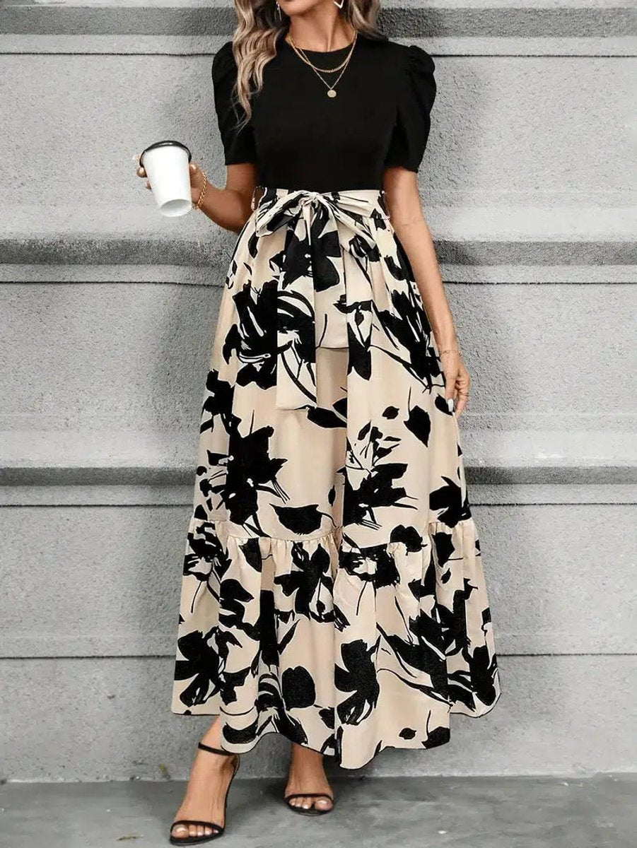 Women's Fall Wedding Guest Dress High-Waist Floral Ruffle Maxi