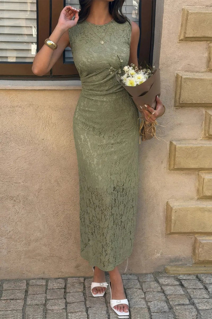 Women's Fall Wedding Guest Dress Lace Ruched Waist Midi