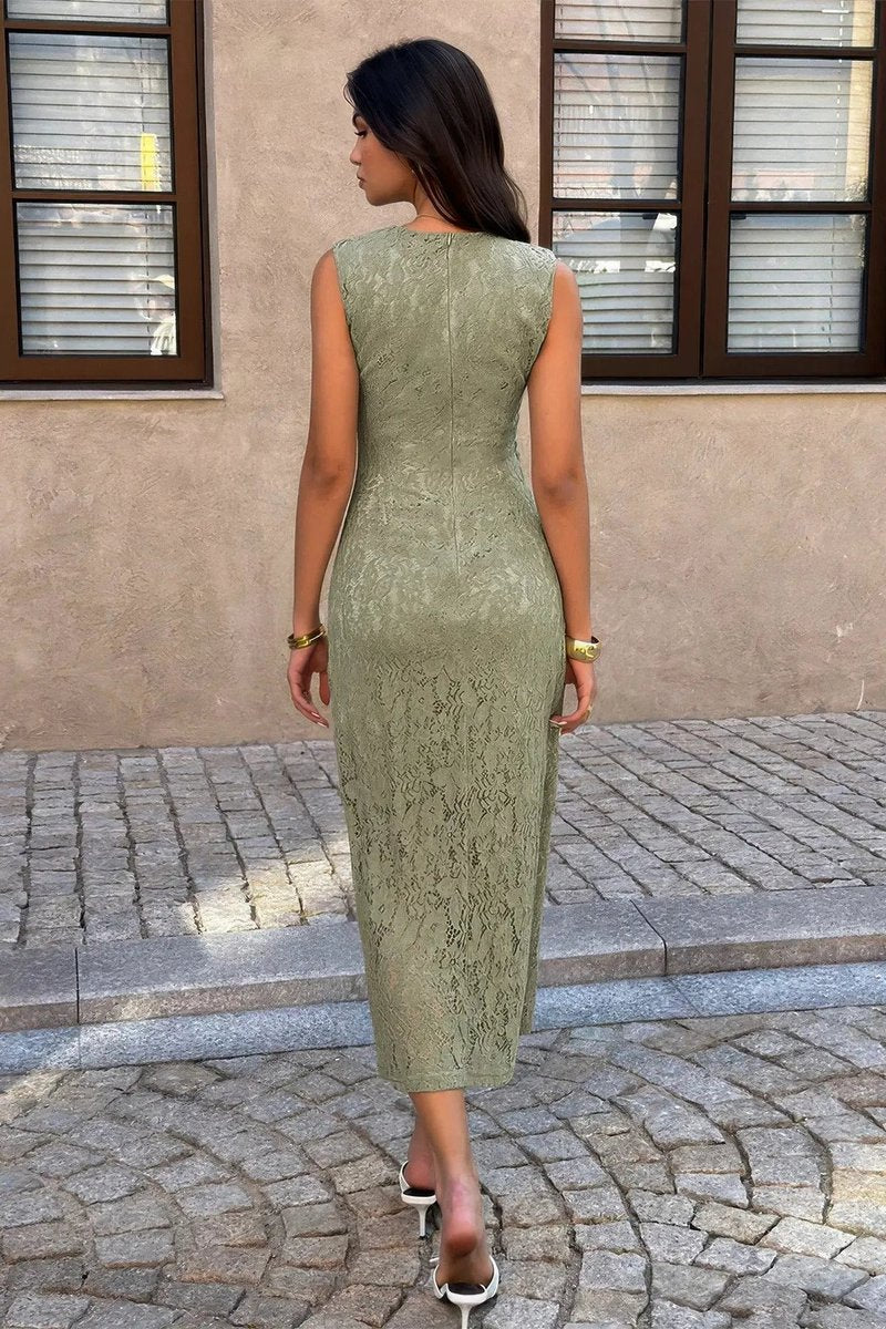 Women's Fall Wedding Guest Dress Lace Ruched Waist Midi