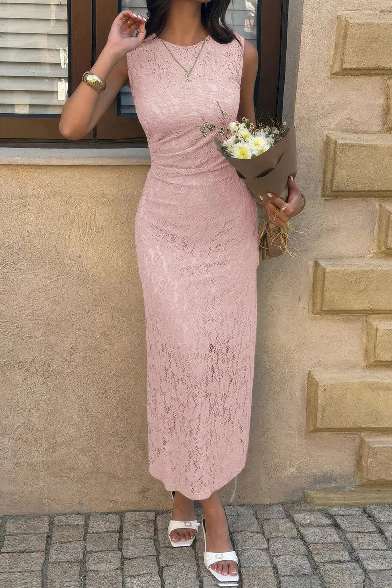 Women's Fall Wedding Guest Dress Lace Ruched Waist Midi