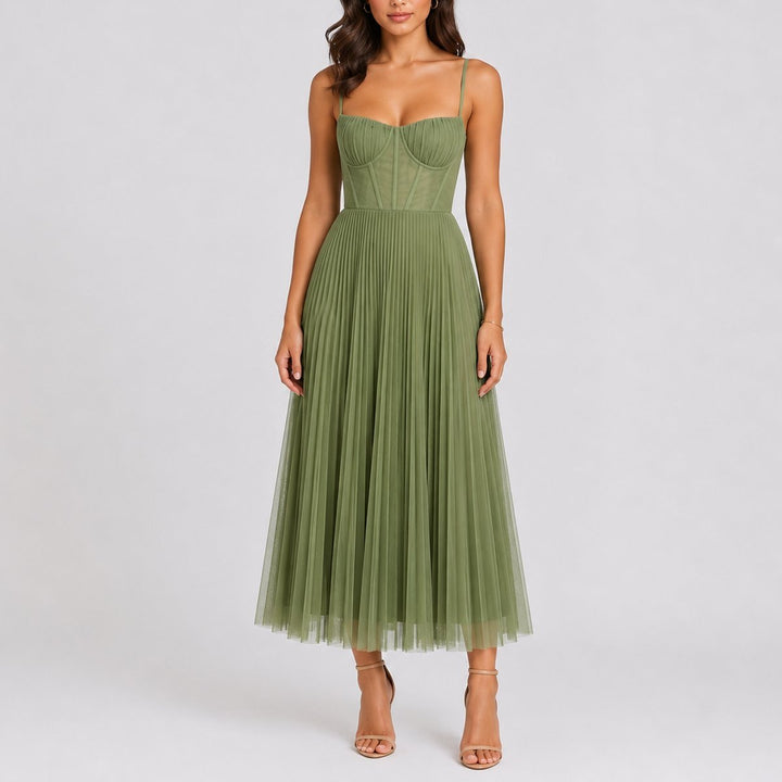 Women's Fall Wedding Guest Dress Pleated Tulle Midi Bustier Bodice