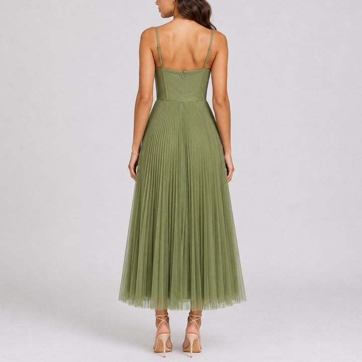 Women's Fall Wedding Guest Dress Pleated Tulle Midi Bustier Bodice