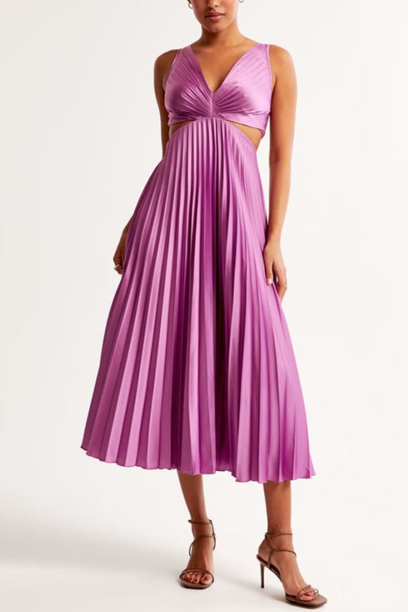 Women's Fall Wedding Guest Dress Pleated V-Neck Cut-Out Maxi