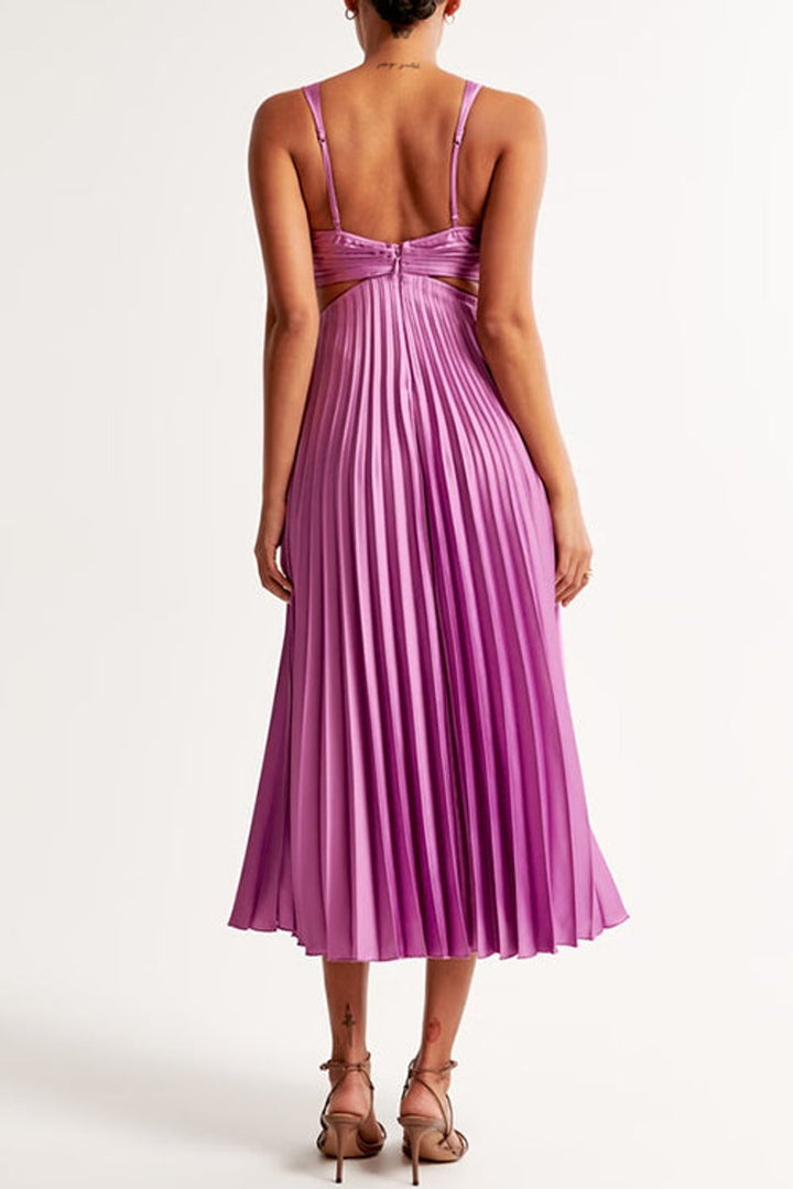 Women's Fall Wedding Guest Dress Pleated V-Neck Cut-Out Maxi