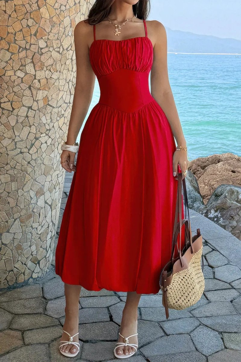 Women's Fall Wedding Guest Dress Ruched Bust A-Line Midi