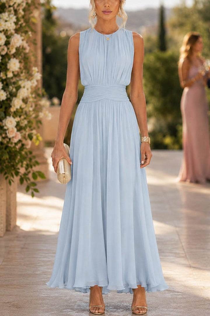 Women's Fall Wedding Guest Dress Sleeveless Ruched Chiffon Maxi