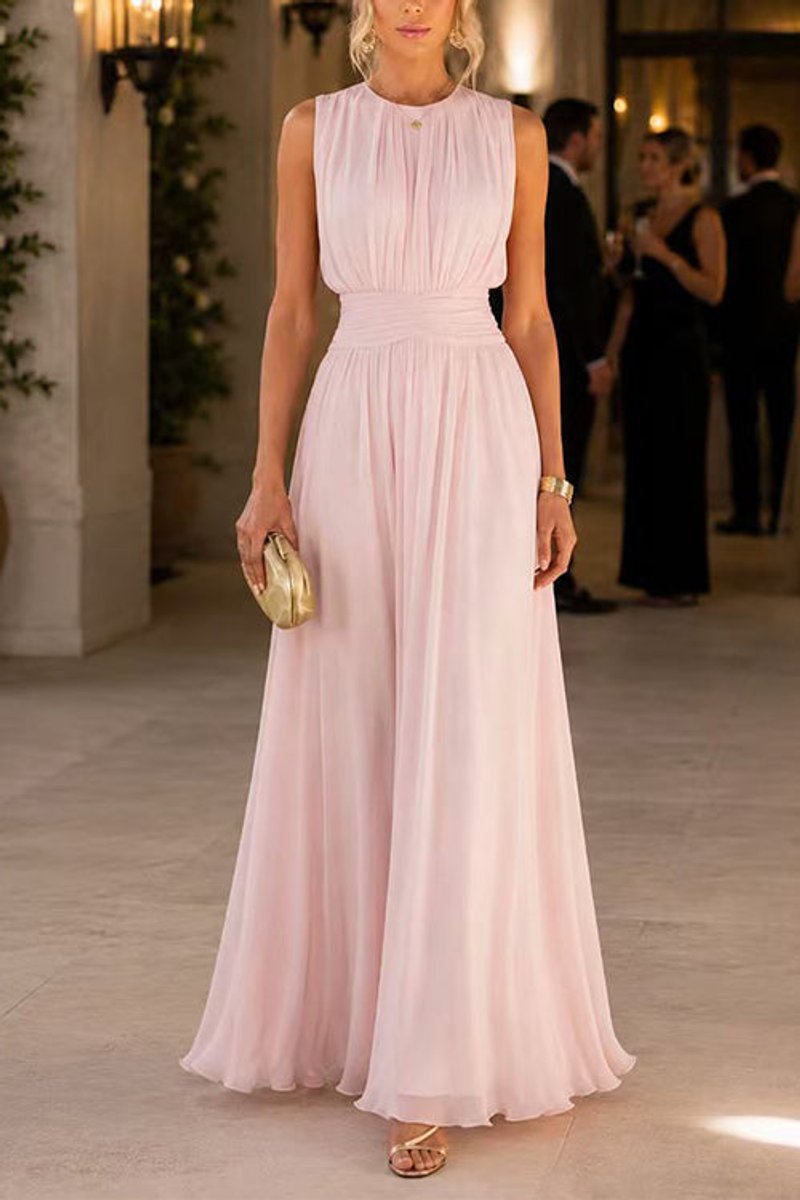 Women's Fall Wedding Guest Dress Sleeveless Ruched Chiffon Maxi