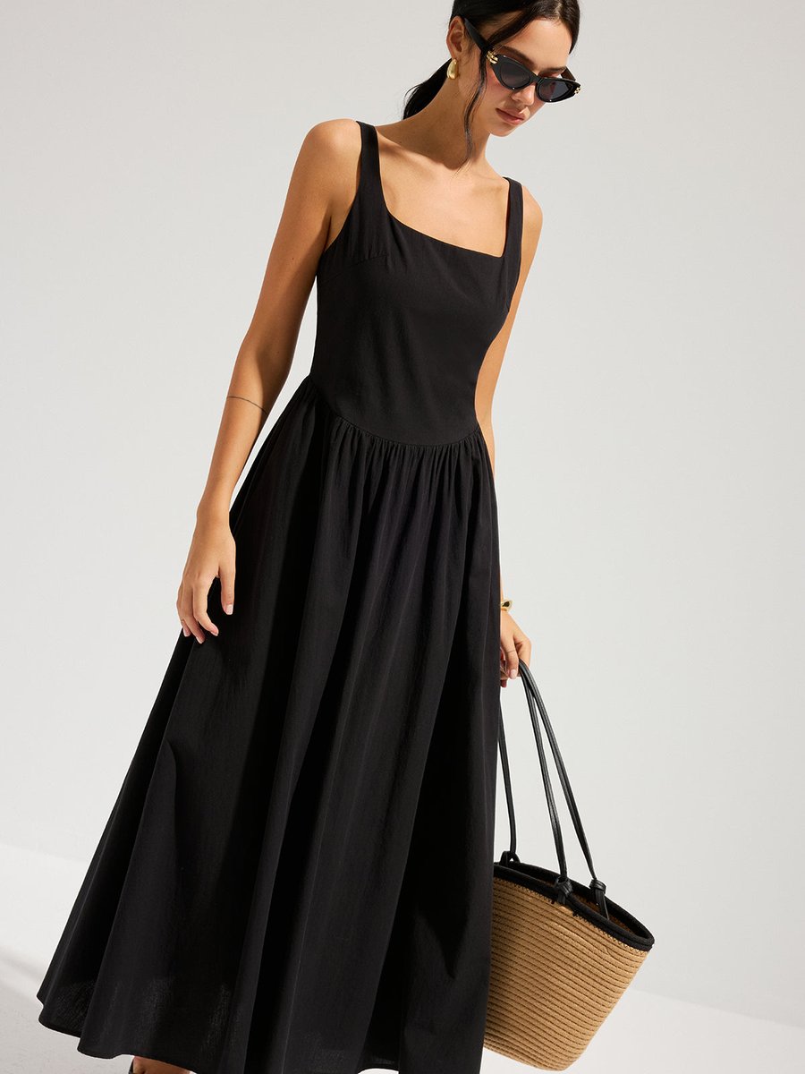 Women's Fall Wedding Guest Dress Square-Neck Backless Cotton Maxi