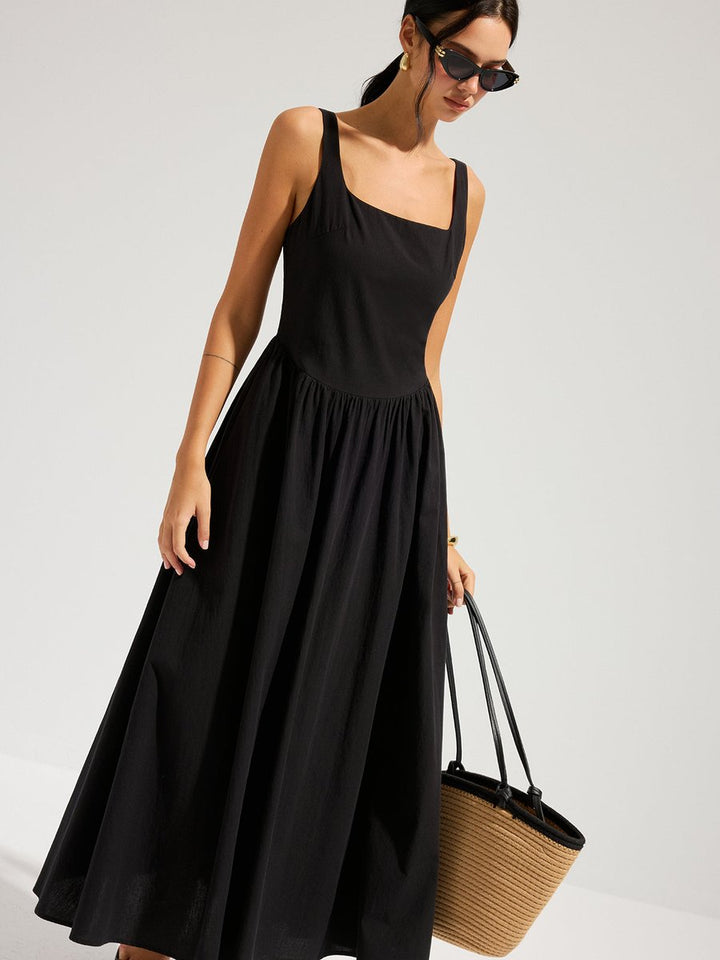 Women's Fall Wedding Guest Dress Square-Neck Backless Cotton Maxi