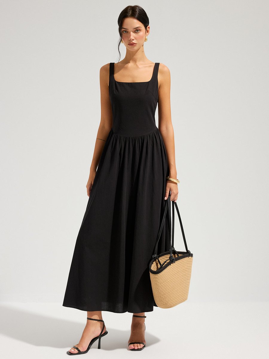 Women's Fall Wedding Guest Dress Square-Neck Backless Cotton Maxi