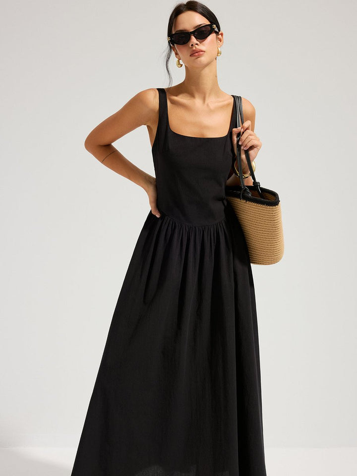 Women's Fall Wedding Guest Dress Square-Neck Backless Cotton Maxi