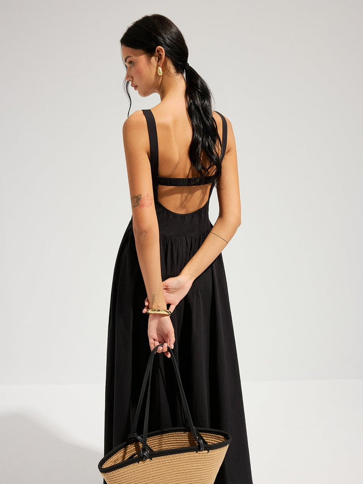 Women's Fall Wedding Guest Dress Square-Neck Backless Cotton Maxi