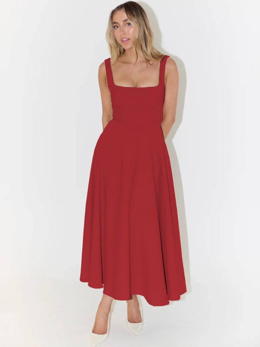 Women's Fall Wedding Guest Dress Square-Neck Fit-and-Flare Midi